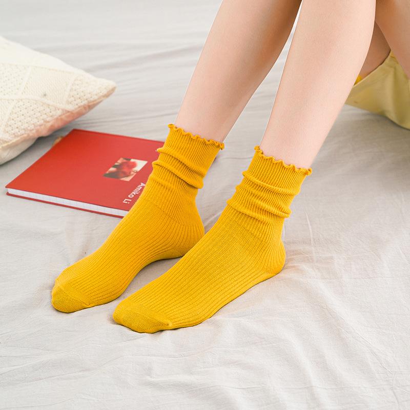 Ladies Spring and Autumn Solid Color All Build College Style Draw A Wooden Ear Side In The Tube Cotton Socks