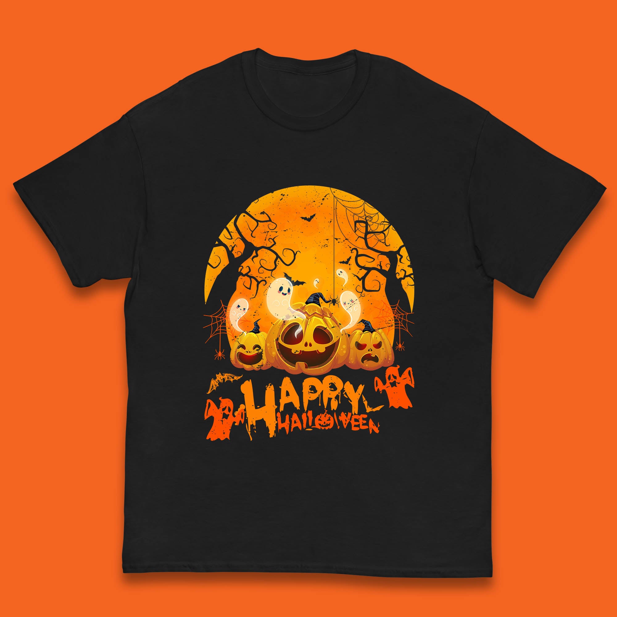 Happy Halloween Jack O Lantern Pumpkins Scary Boo Ghost Haunted Trees Kids T Shirt 160