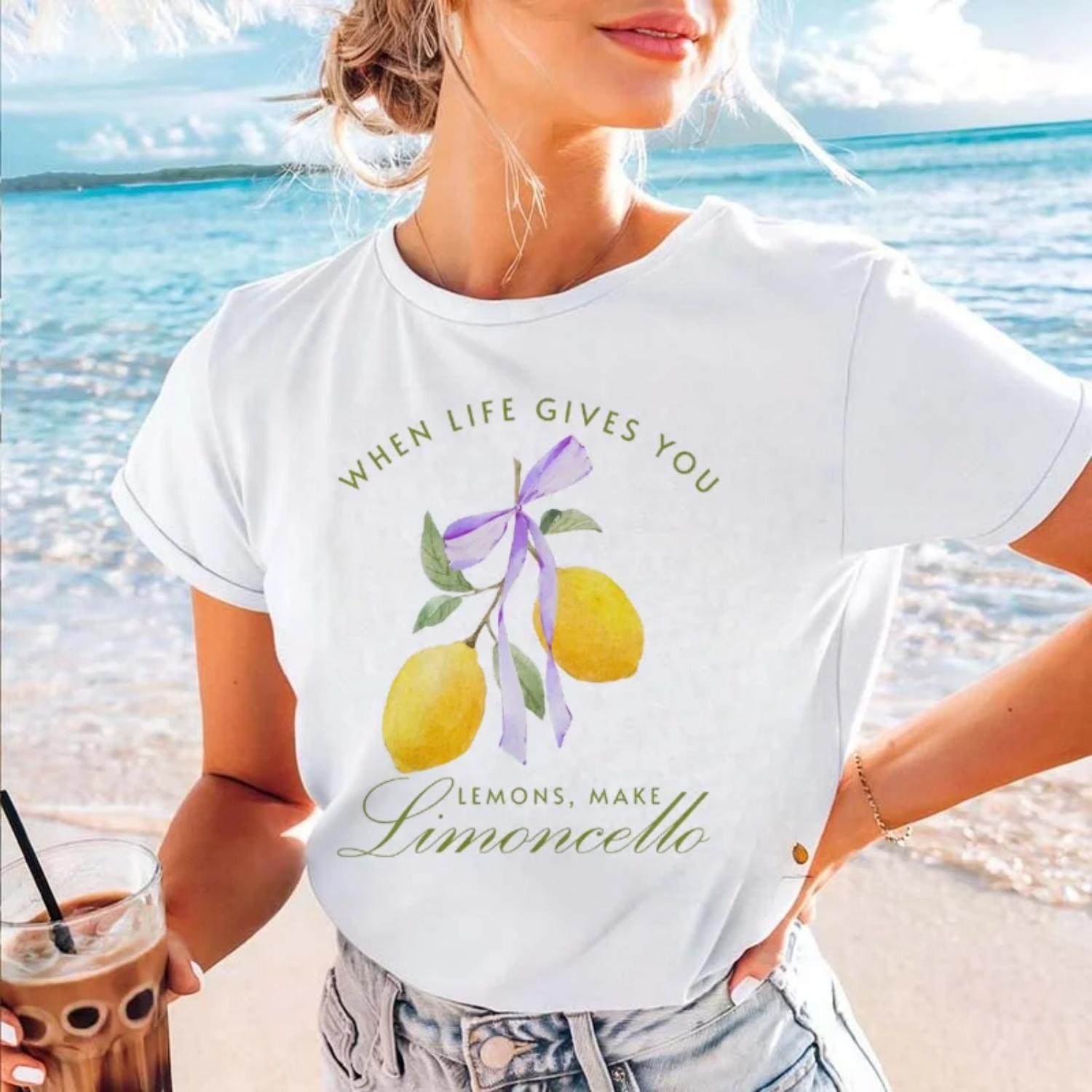 

Short Sleeved T-Shirt with Fruit Lemon Pattern 90s Women s Printed White Casual Regular Top Fashionable Women s Basic T-Shirt XXXXXL білий