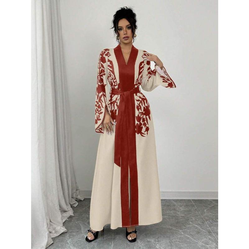 

Жіноча сукня з V-подібним вирізом і довгими рукавами з принтом і поєднанням кольорів XL червоний