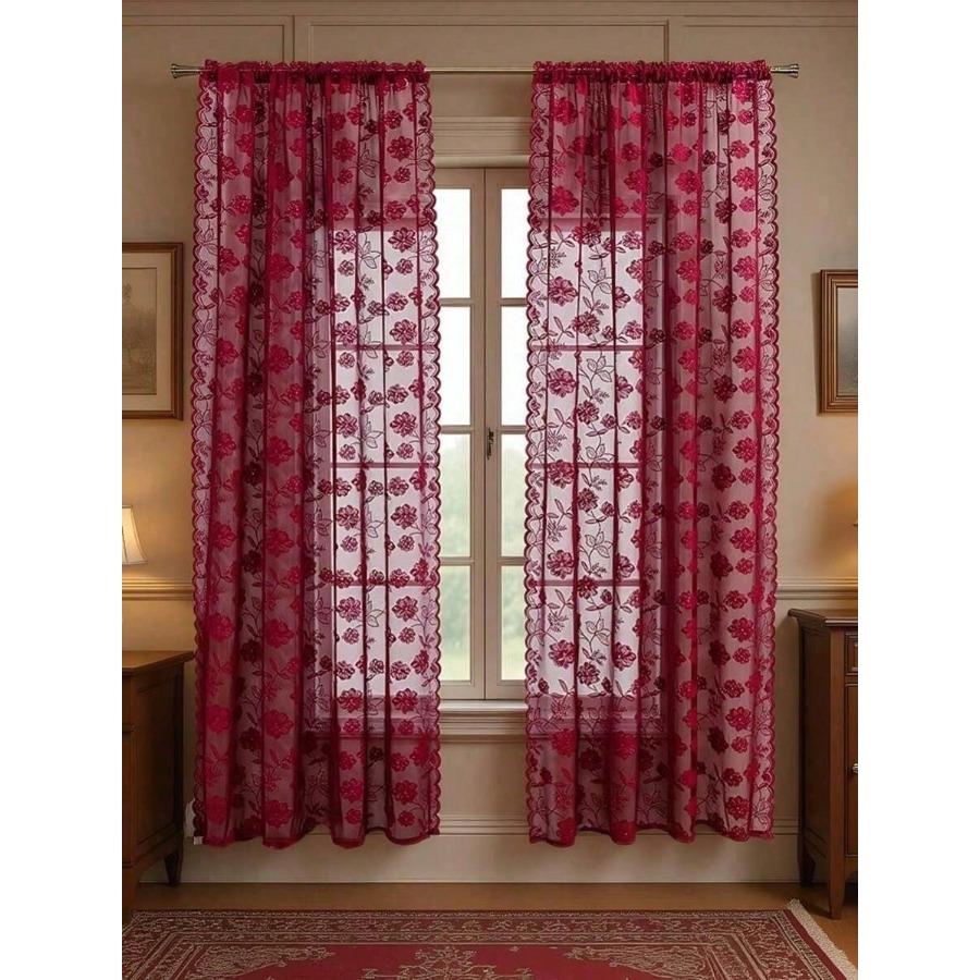 1pc Minimalist Floral Lace Curtain Panel, Home Decor