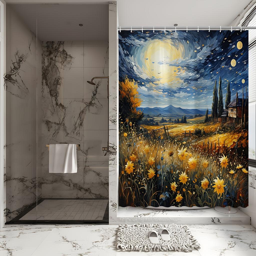 Sunset Landscape 3D Shower Curtain - Scenic Field & Starry Sky Theme for Bathroom Decor, Adds Warmth and Serenity