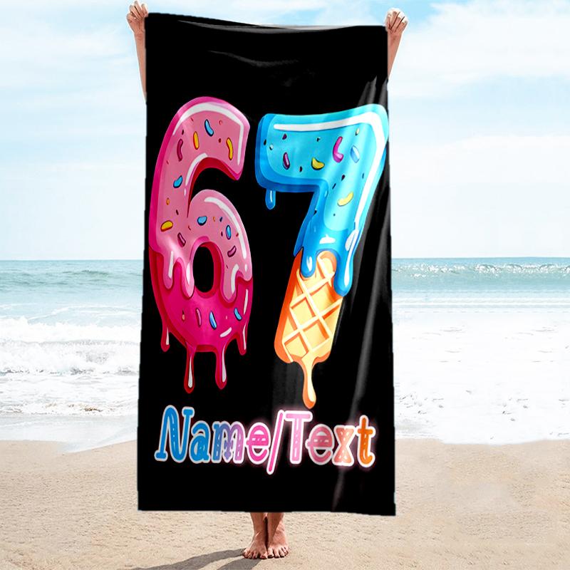 1PC Custom Name "Sweet 67th Celebration" Beach Towel Highly Absorbent And Sand-Resistant Towel for Swimming, Pool, Yoga, And Travel Lightweight