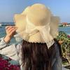Sun Hat Large Wavy Brim Breathable Summer Straw Hat with Lace Bow Tulip Decor Foldable Portable Travel Hat