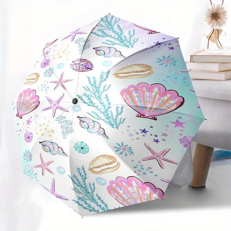 Seashell Pattern Automatic Folding Umbrella  Simple 8 Rib Design, Bright Cartoon Pattern, Durable Iron Frame, Suitable For Travel, Outdoor,