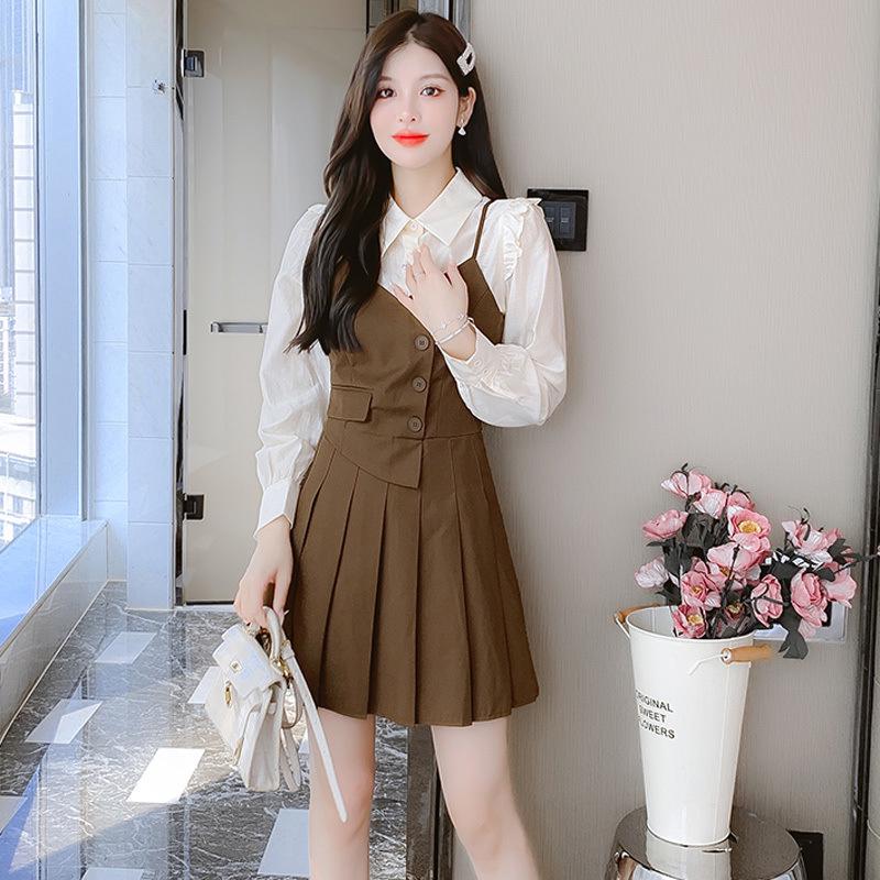 

French Retro Long-Sleeve Two-Piece A-Line Dress - Petite Women s Spring Fashion 2XL [65-72.5 kg] хаки