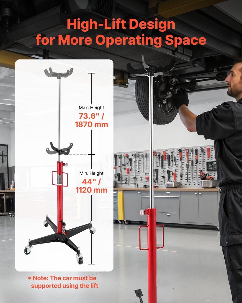 Hydraulic Transmission Jack, 1100 Lbs / 0.5 Ton Lifting Capacity Telescoping Transmission Jack with Foot Pedal, 360° Swivel Wheel, 112-187 Cm High