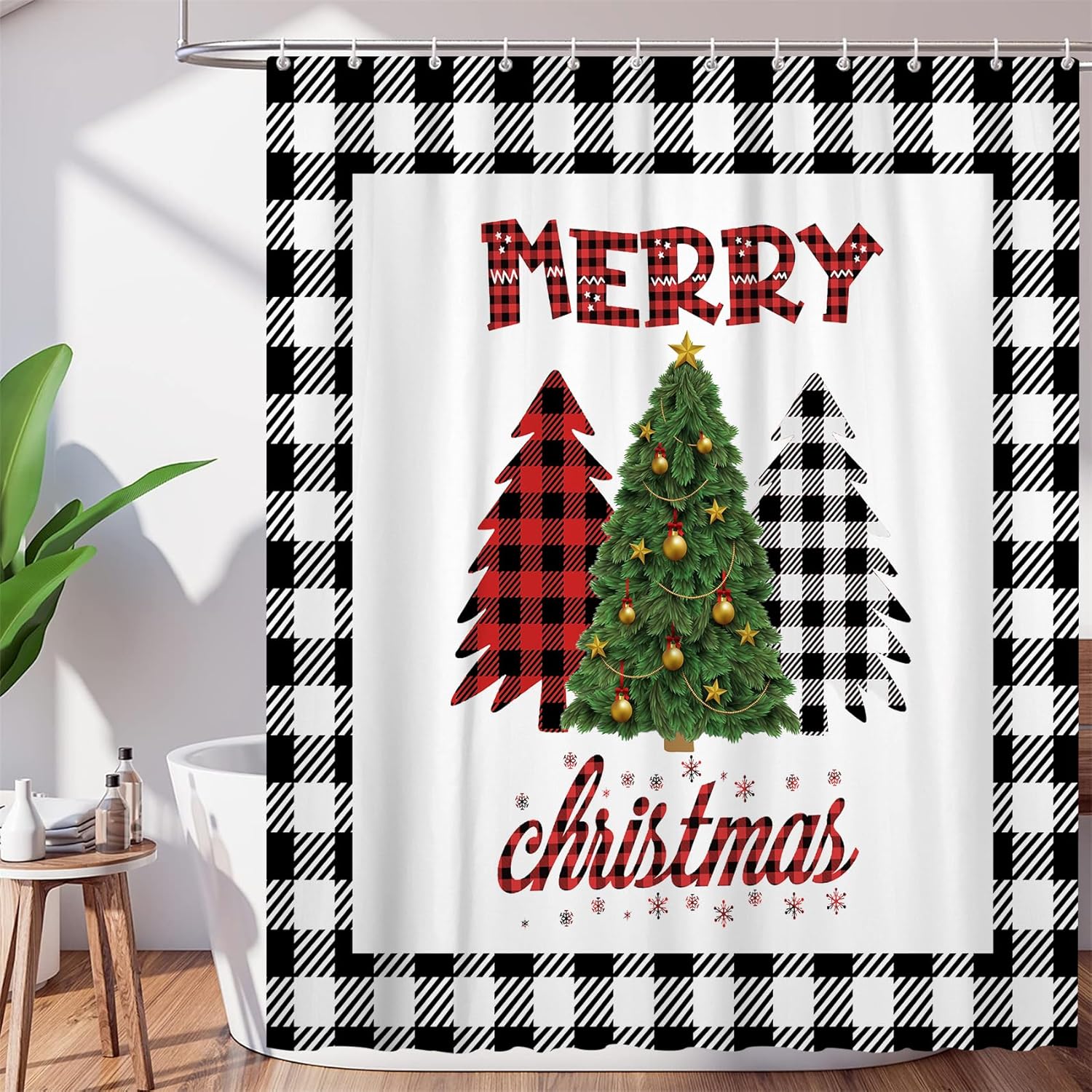 

Christmas Tree Shower Curtain - Cute Green Beige Retro Xmas Design, Waterproof Polyester, Winter Holiday Bath Decor W90XH180cm