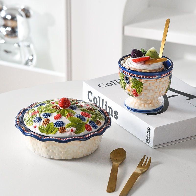 High-Quality Ceramic Dessert Bowl Ice Cream Cup Hand-Painted Embossed Home Use