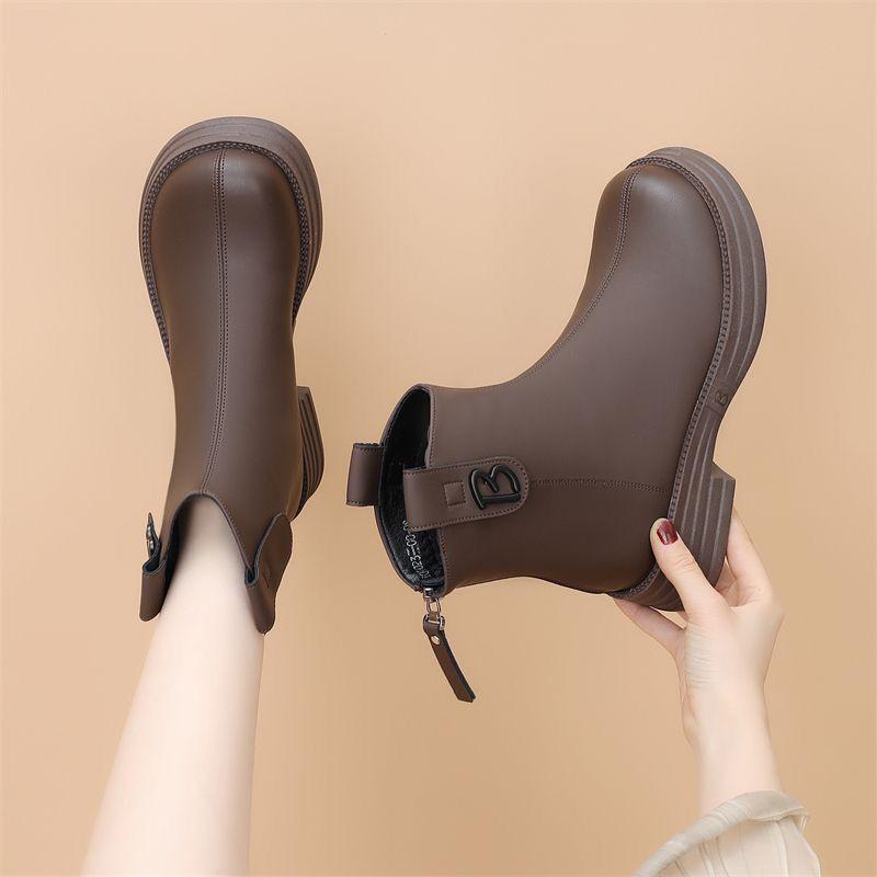 

Женские сапоги Мартин из натуральной кожи, облегающие ногу - Плоский каблук, Универсальный британский стиль, Ботильоны на весну и осень 35