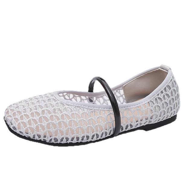 Single Shoes Women's Summer 2025 New Hollow Woven Breathable Fishing Net Gauze Flat Bottom Shallow Mouth French Mary Jane Sandals