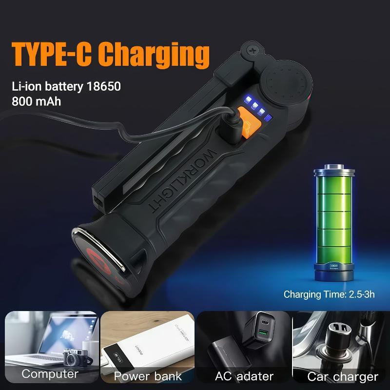 Rechargeable Led Flashlight Work Light With Magnet & Hook, Waterproof For Job Site Security Night Work Outdoor Camping Emergency