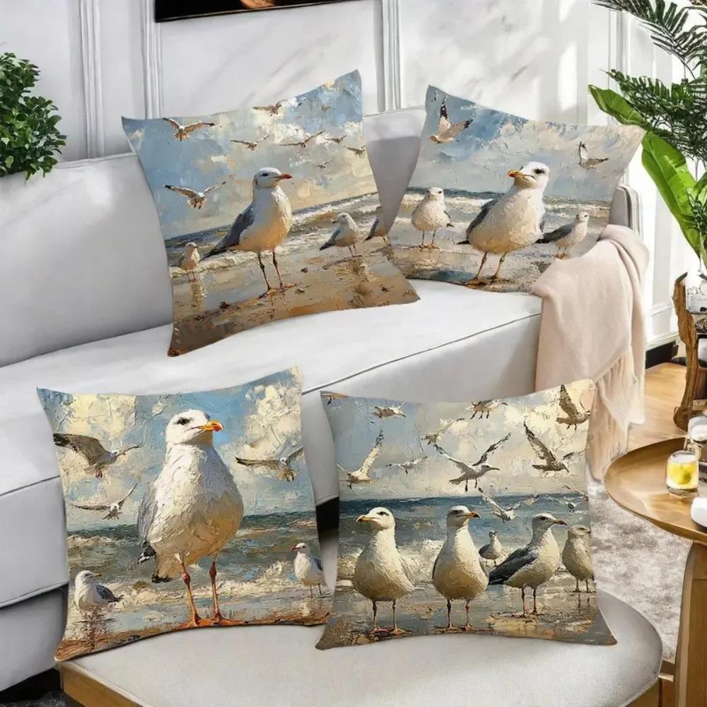 Home Decor Seagulls On Beach Coastal Art Pillow Covers Pattern Cushion Cover Suitable For Sofa Bedroom Car Pillow Cover