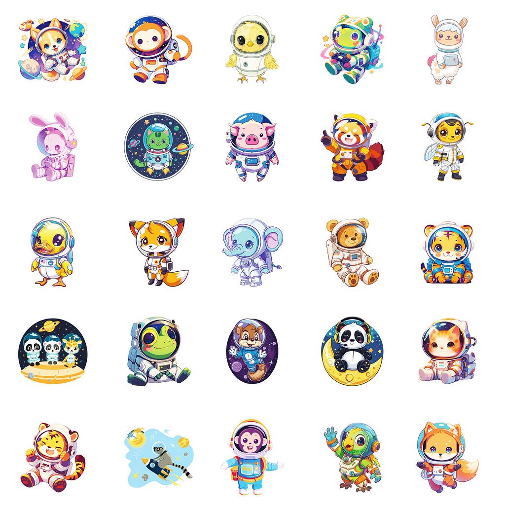 50 Boutique Astronaut Stickers Cute Cartoon Animals Rocket Stickers Diy Water Cup Refrigerator