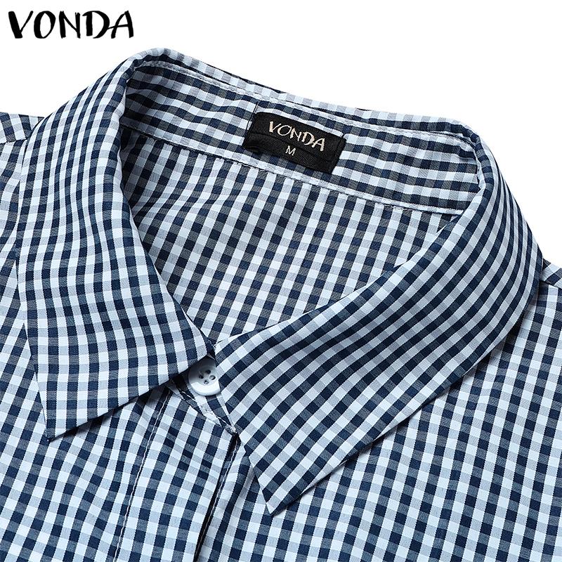 VONDA Women Lapel Neck Long Sleeve Plaid Casual Long Jumpsuits Overalls