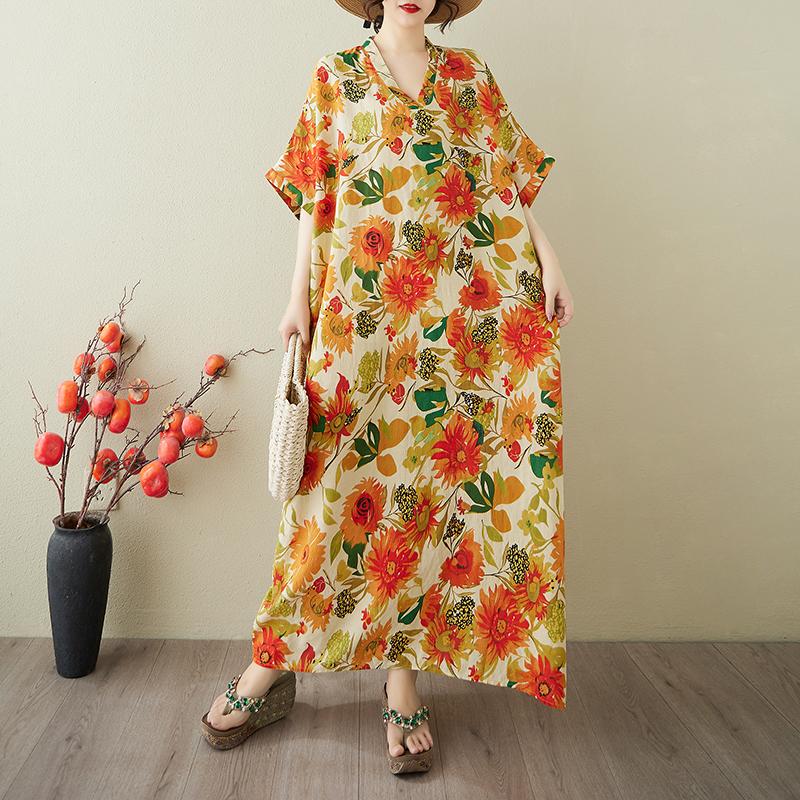 Dimanaf Verão 2025 Tamanho Grande Novo Vestido Mulheres Vintage Longo Casual Solto Básico Estampado Decote V Vestido Maxi
