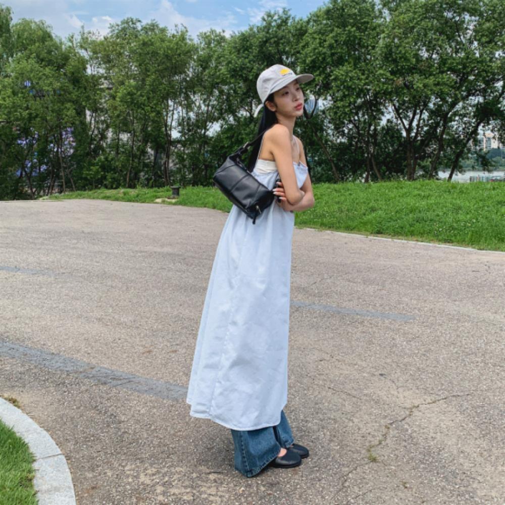 New ArrivAls Open Run Women Cotton A Line Shoulder strAp Denim Long Dress