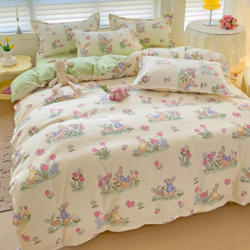 Small Fresh Thickened Pure Cotton Brushed Four-piece Set New Autumn and Winter Cotton Dormitory Bed Sheet Quilt Cover Bedding