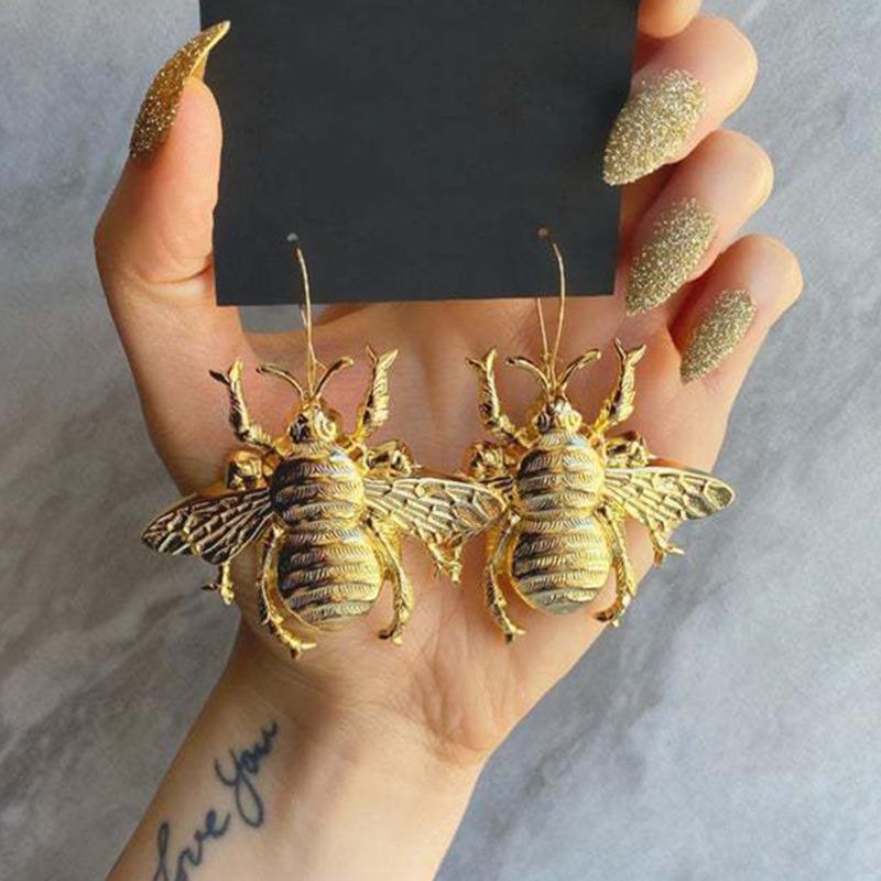 Exquisite Gold Color Metal Geometry Insects and Bees Dangle Earrings for Women Zircon