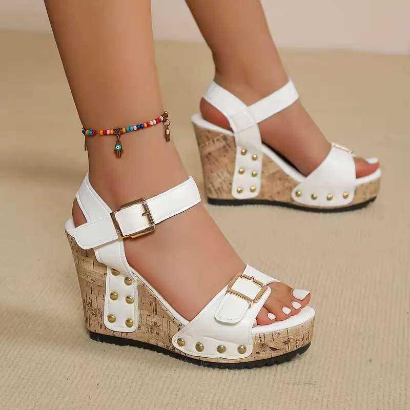 Large Size Wedge Heel Thick Sole Metal Buckle with Rivets One-word Sandals Summer Beach Women's Shoes