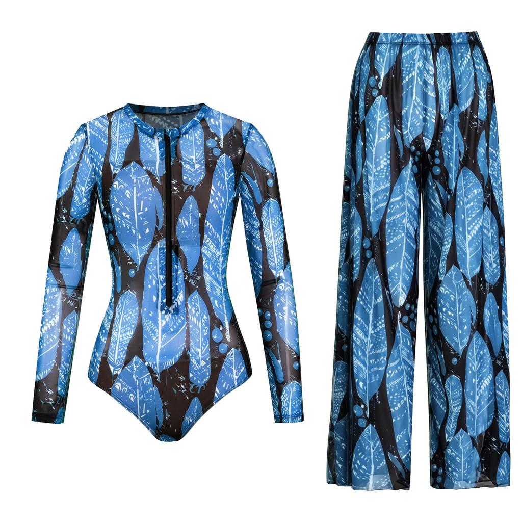 Long-sleeved Sunscreen Swimsuit Women's High Elastic Thickened Mesh Loose Trousers European and American Swimwear Fitness One-piece