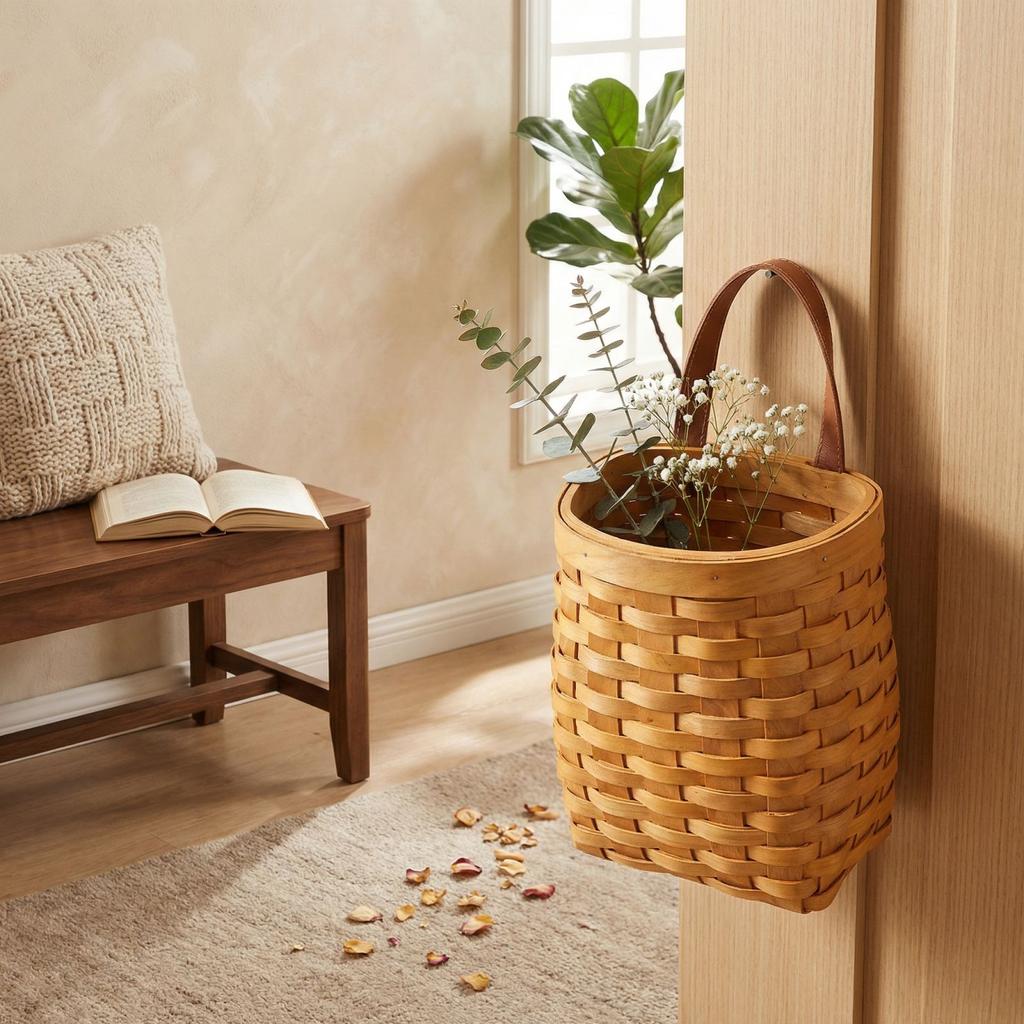 Handmade Wooden Wall-mounted Woven Storage Basket, Wall-mounted Storage Basket, Flower Holder Behind Door, Tote Basket