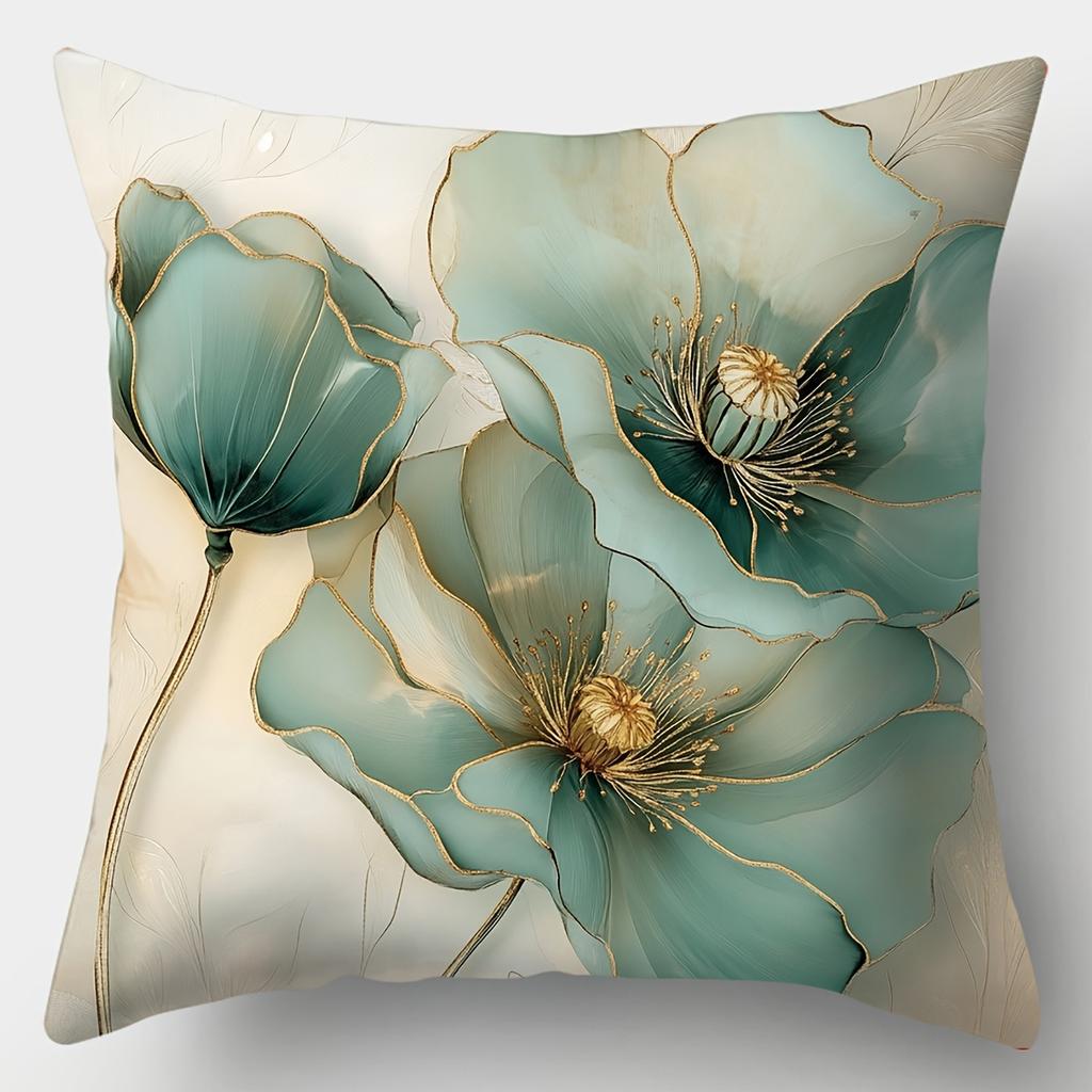 Vibrant Natural Green Blue & Golden Botanical Print Throw Pillow Sofa Bed Living Room Office Beach Theme Decor