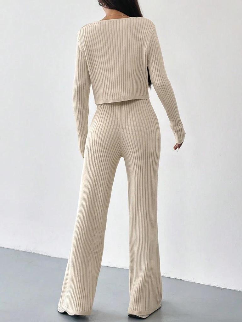 High-End Women's V-Neck Knit Cardigan & Wide-Leg Pants Two-Piece Set for Autumn/Winter