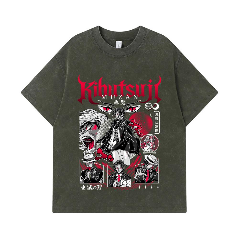 

275 GSM Washed T-shirts 100% Cotton Demon Slayer V34 Muzan Print Unisex Heavy Cotton T Shirt S армия зеленый