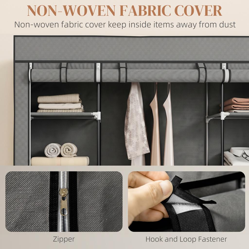 Clothes Storage Organiser with Hanging Rail, Shelves, Portable Wardrobe, Foldable Fabric Wardrobe, Dark Grey