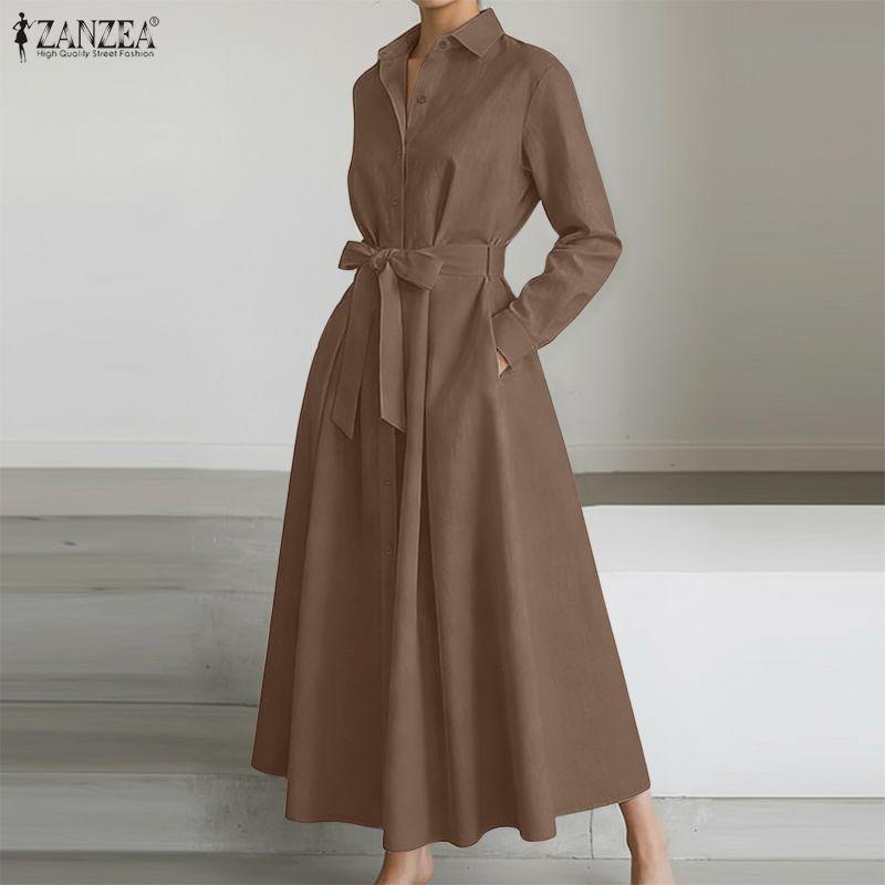 ZANZEA Lässiges Damen-Hemdkleid mit Umlegekragen und langen Ärmeln