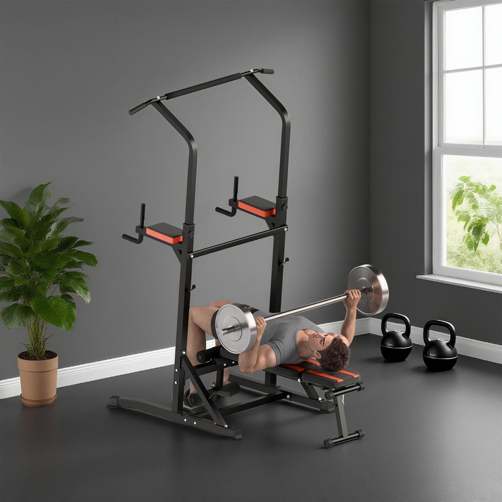 Folding Power Tower, Multifunction Fitness Station Adjustable In 7 Positions with Pull-Up Bar, Dip Station, Pull UP Station and Flat Bench In Steel