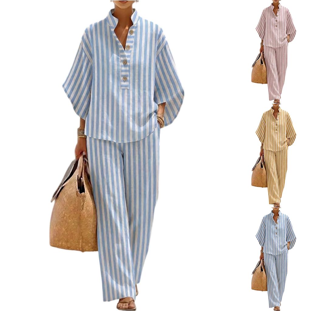 Women Loose Fit Casual Striped Linen Two Piece Set Shirt and Pants Comfortable Relaxed Fit Lightweight Summer Outfit