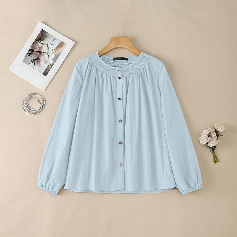 ZANZEA Women Casual Round Neck Solid Color Long Sleeve Blouse