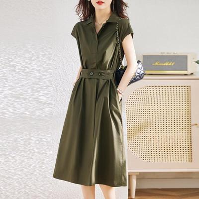 Women's High Waist Polo Collar Short Sleeve A-Line Shirt Dress