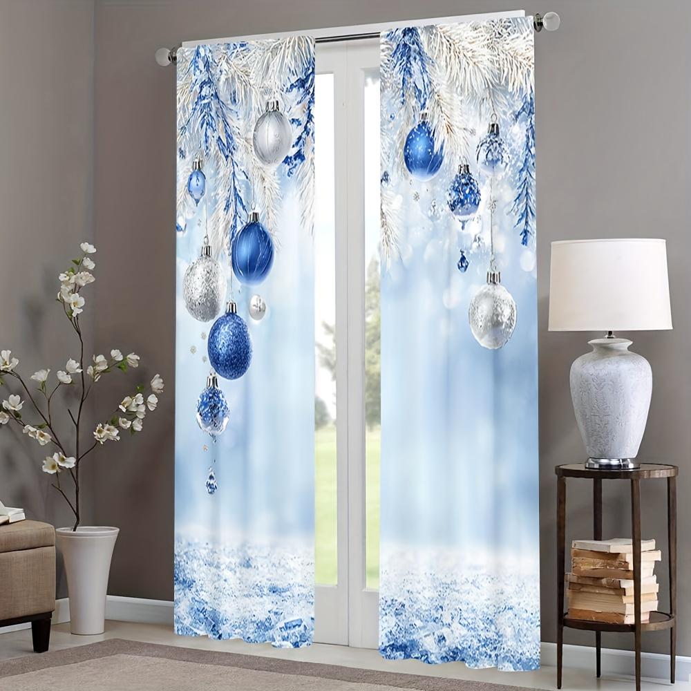 2 Pcs Elegant Blue & White Christmas Ball Sheer Curtains – Light Filtering for Living Room Bedroom Office Kitchen