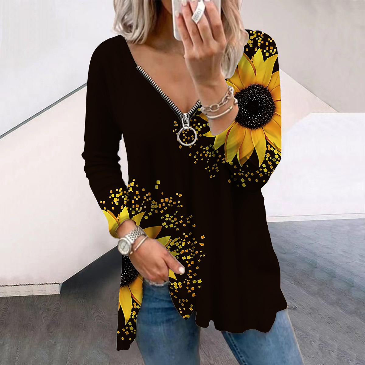 

Женские осенние цветочные белые подсолнухи с длинным рукавом футболки свободные V-образный вырез плюс размер футболка топы удобная блузка L чёрный