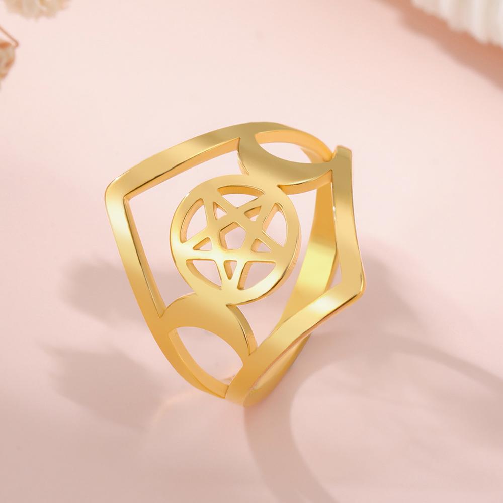 Dawapara Triple Moon Goddess Ring Ancient Greek Mythology Wicca Pentagram Ring Protection Amulet Stainless Steel Jewelry