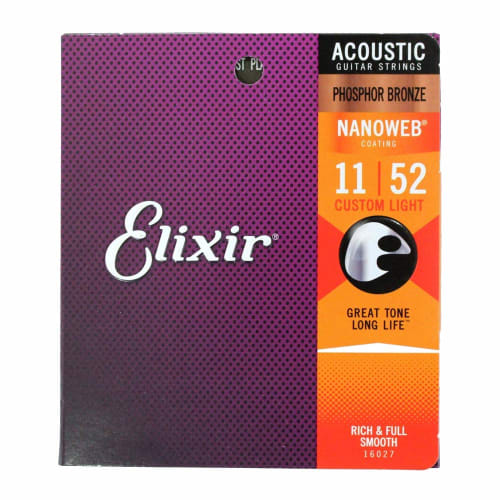 Elixir ELIXIR 16027 Nanoweb Phosphor Bronze Custom Light Acoustic Guitar Strings, 11-52 X 3 Sets