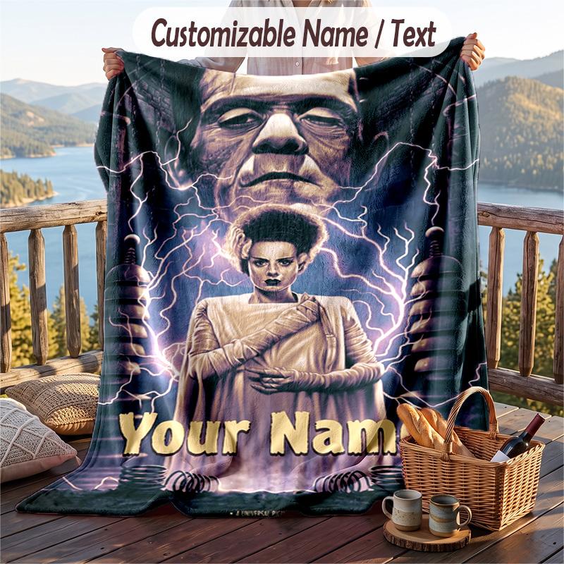 Custom Text Flannel Throw Blanket, Lightweight Cozy Bed Sofa BlanketBride of Frankenstein