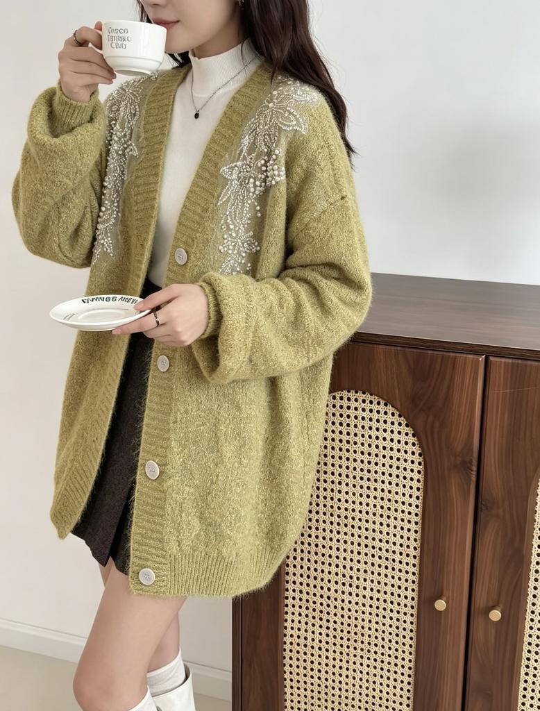 New Heavy Industry Sequins Single-breasted V-neck Lantern Sleeves Large Size Lazy Wind Sweater Cardigan Knitted Top Women