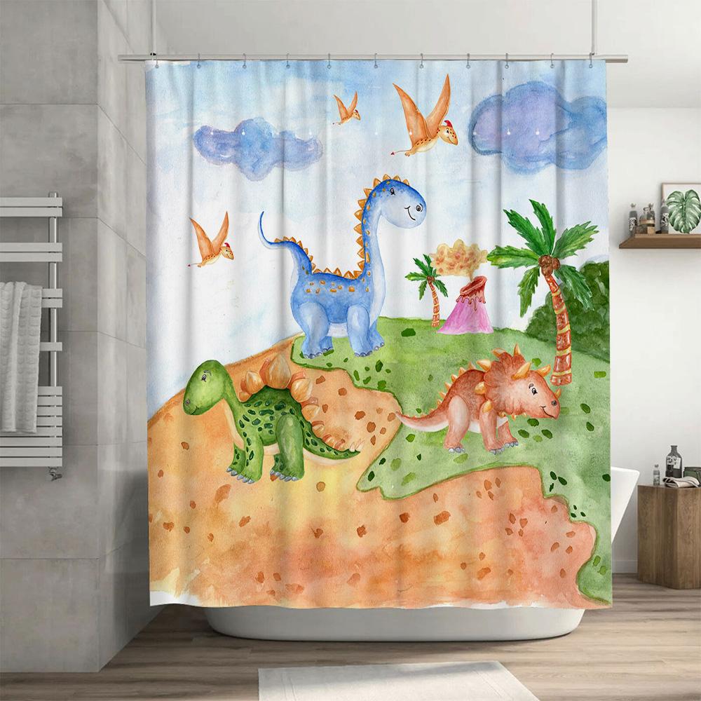 Watercolor Dinosaur Shower Curtain 3D Printing Cartoon Bathroom Decor for Kids Bathrooms Multicolor Floral Print Waterproof Fabr