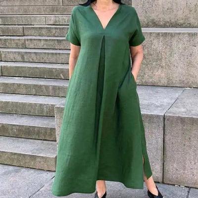 Women's Fashion Summer Spring Solid Color Print Short Sleeve V-Neck Loose Waistline Casual Dresses