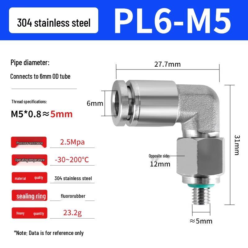 304 Stainless Steel Pneumatic Quick Push-in Connector, PC16-06/PC8-02 Swivel Elbow, PL6-M5/04