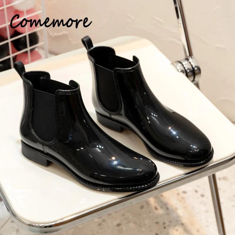 Comemore Regenstiefel Wasserdicht Runde Zehenpartie Gummizug Niedriger Absatz Mode Rutschfest Damen Gummischuhe Damen Chelsea Stiefeletten 41