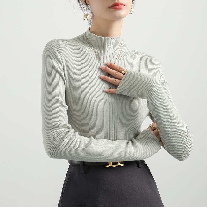 Autumn Long Sleeve Casual Base Knitted Women's Sweater Winter Thin Half High Collar Pullover Sweaters Women Solid Slim Female Knitwear Jumpers 25816