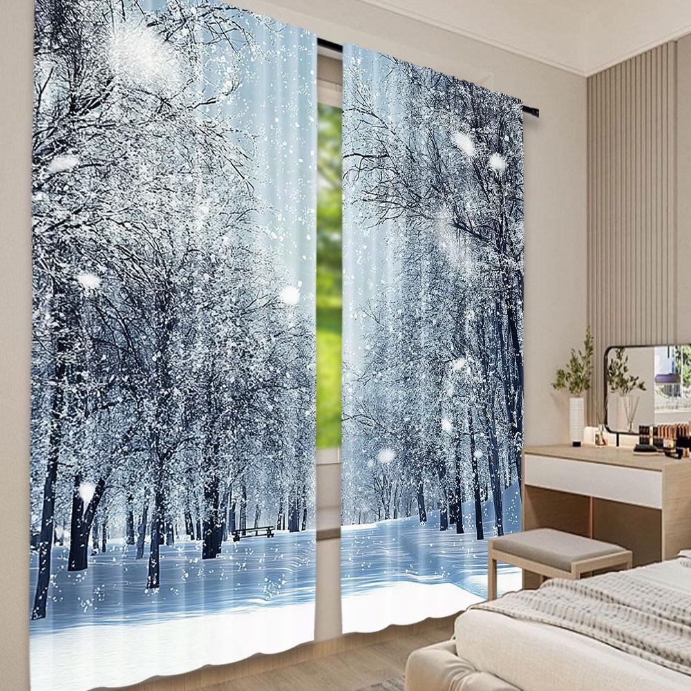 2Pcs Forest Curtains Snowy Trees Of The Farmhouse Wildlife Scenery In Frosty Winter Park Living Room Bedroom Window Drapes