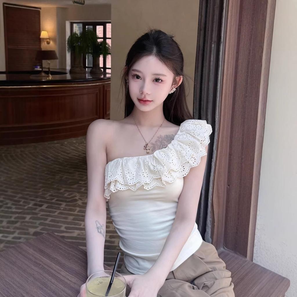 Slant Shoulder Top Women's Off-shoulder T-shirt Women's Slim Summer Lace New Slant Neck Ruffle Edge Versatile and Thin T-shirt Top