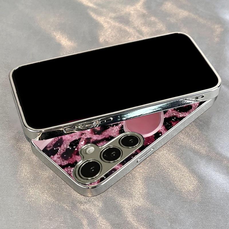 Pink Heart Leopard High-end PhoneCase Electroplated Glass PhoneCase for Samsung Galaxy S26 S25 S24 S23 S22 S21 FE,Ultra,Plus