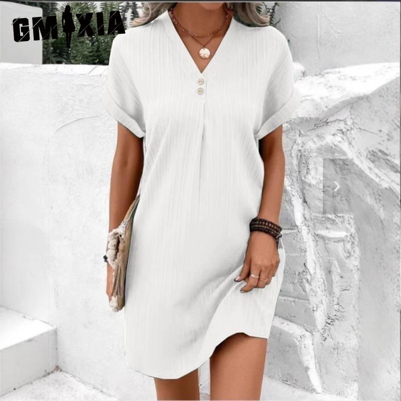 GMXIA Kvinnemote Sommer Våren Ensfarget Print Kortermet V-hals Høy midje Uformelle kjoler